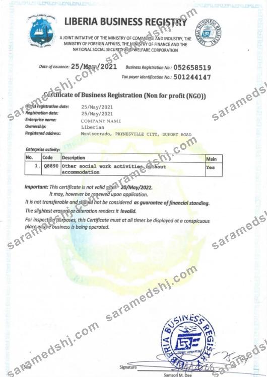 Liberia Certificate of Business Registration